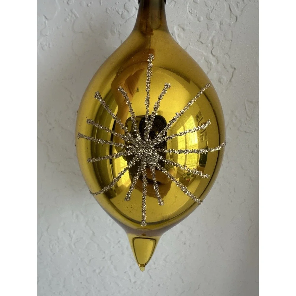 Vintage Indent Teardrop Mercury Glass Christmas Ornament Yellow Gold Glitter